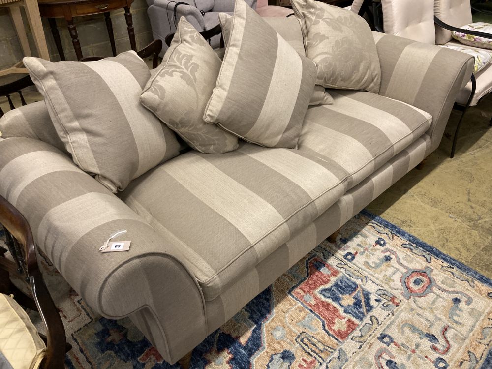 A large contemporary scroll arm sofa, length 240cm, depth 100cm, height 74cm